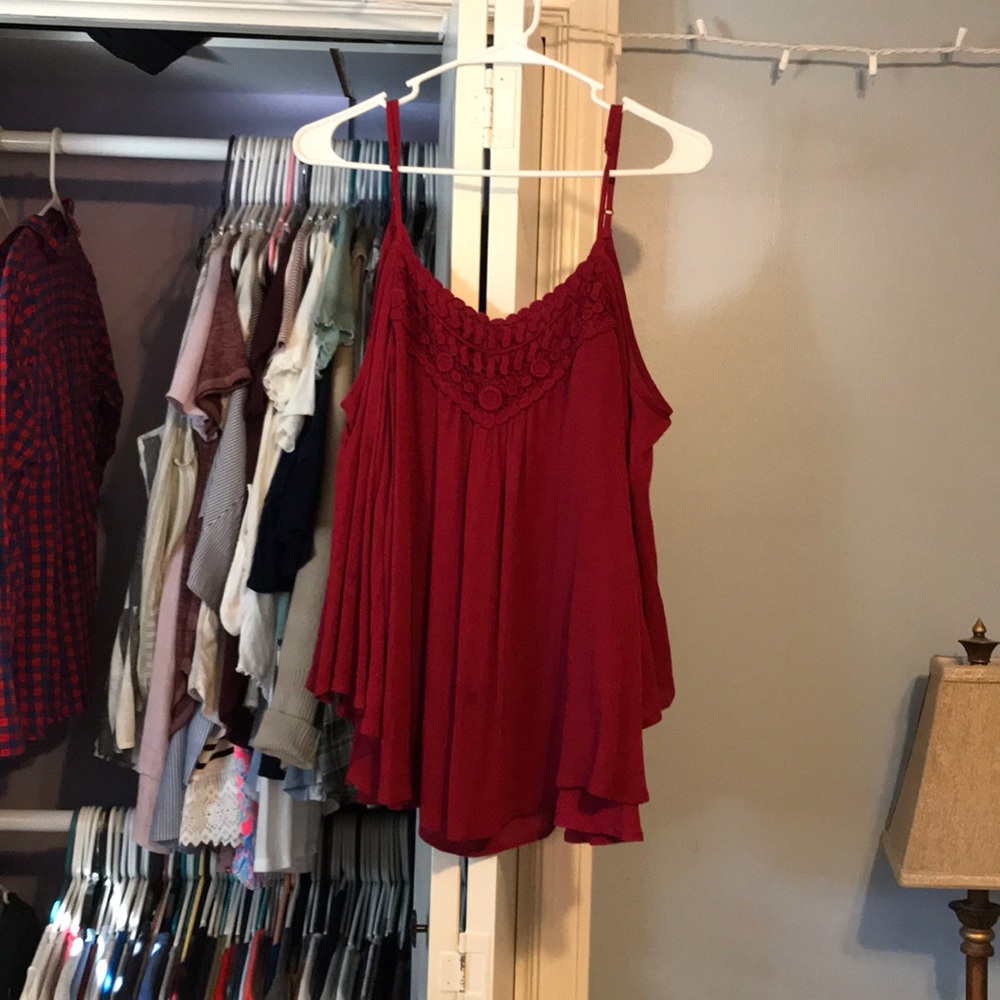 red super cold shoulder shirt with embroidery